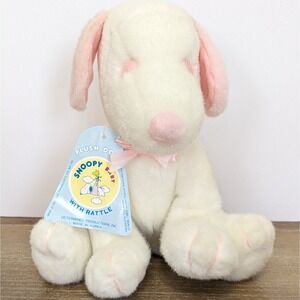 RARE Vtg Peanuts Pink Baby Snoopy Plush Rattle Stuffed Toy 9.5" NEW Old Stock
